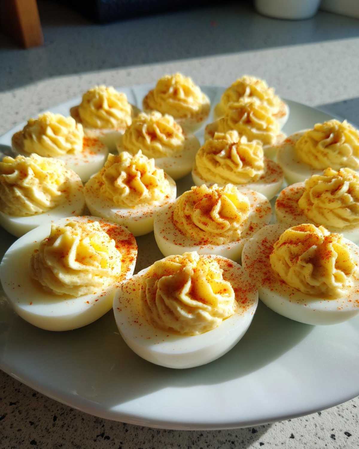 A plate holding twelve beautifully piped deviled eggs, garnished with paprika.