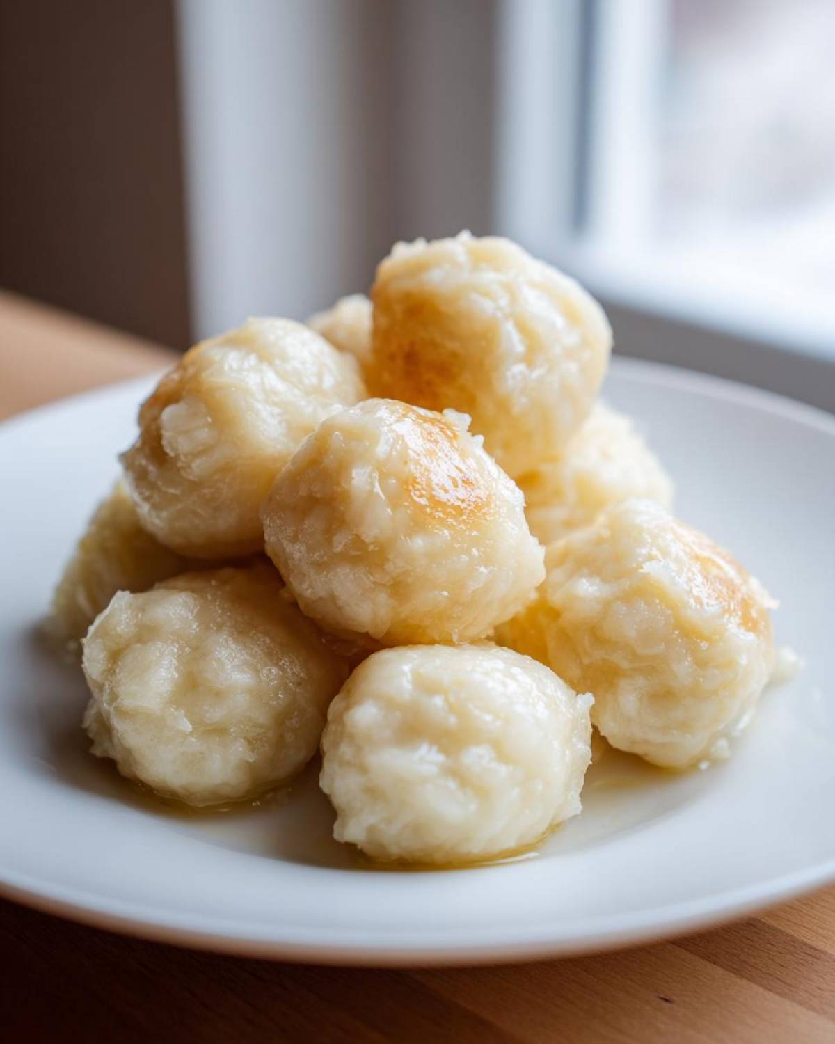 A close-up of several freshly made potato dumplings, glistening with butter, piled on a white plate.