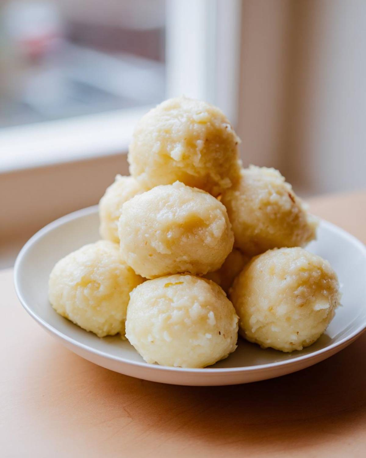 A close-up of several fluffy, light-colored potato dumplings piled high on a white plate.