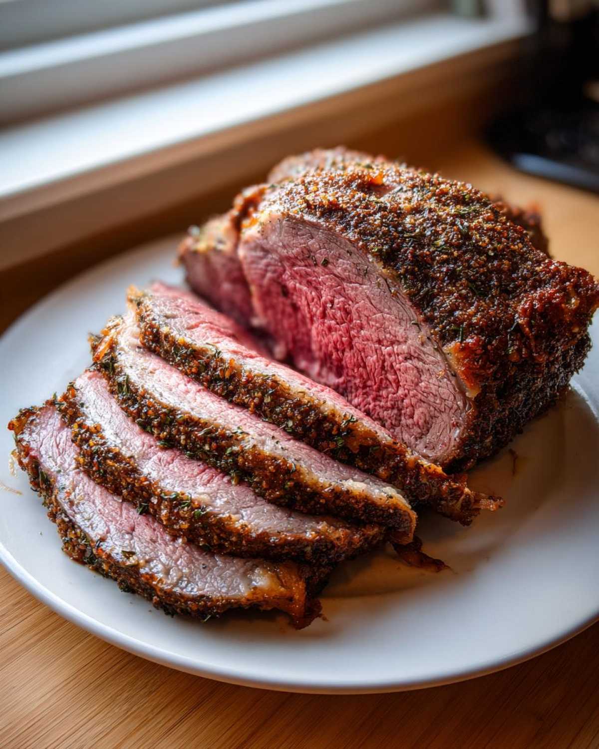 Thick slices of medium-rare prime rib recipe roast resting on a white plate with a flavorful herb crust.