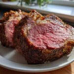 Two thick, medium-rare slices of prime rib recipe roast showing a deep herb crust and juicy pink center.
