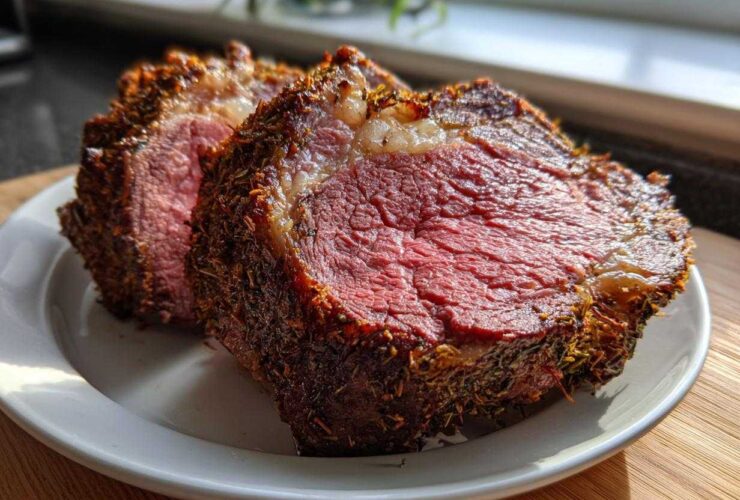 Two thick, medium-rare slices of prime rib recipe roast showing a deep herb crust and juicy pink center.