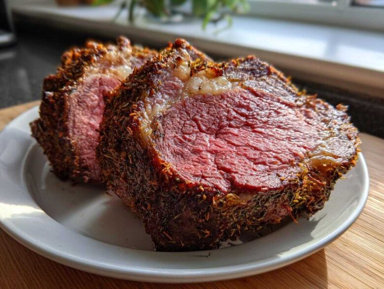 Two thick, medium-rare slices of prime rib recipe roast showing a deep herb crust and juicy pink center.