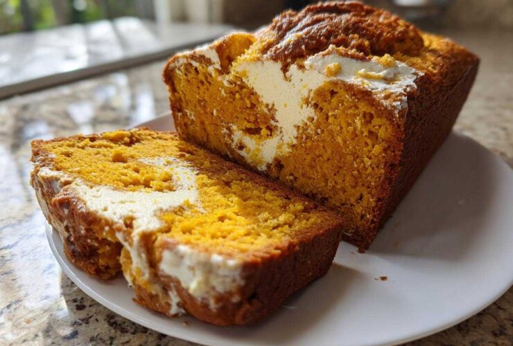 A loaf of bright orange pumpkin cream cheese bread, partially sliced, showing the creamy white swirl filling.