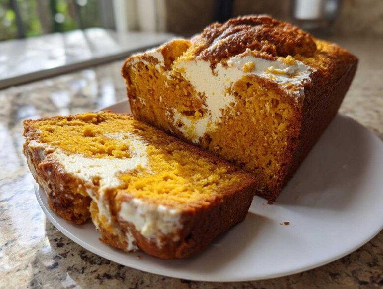 A loaf of bright orange pumpkin cream cheese bread, partially sliced, showing the creamy white swirl filling.