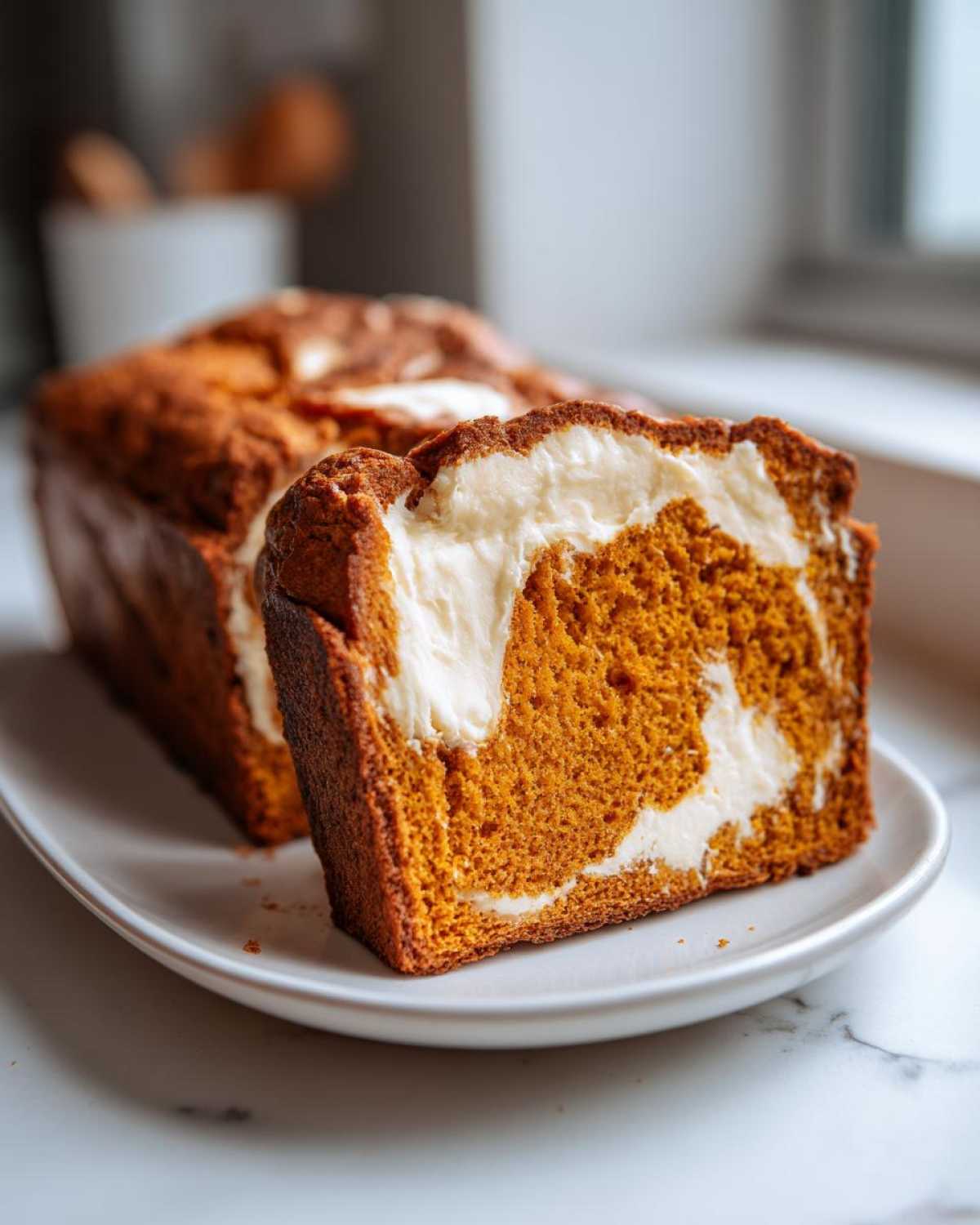 A close-up slice of moist pumpkin cream cheese bread showing the vibrant orange cake and thick cream cheese swirl.