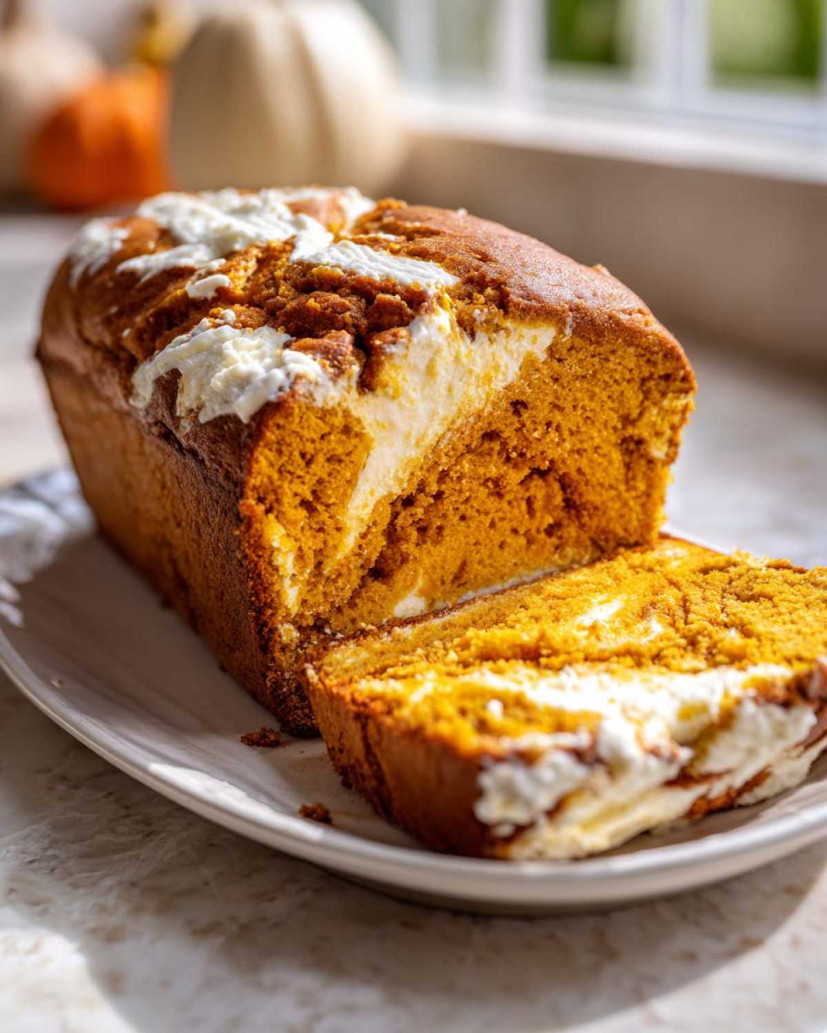A loaf of moist pumpkin cream cheese bread, partially sliced, showing the rich orange crumb and white cream cheese swirl.
