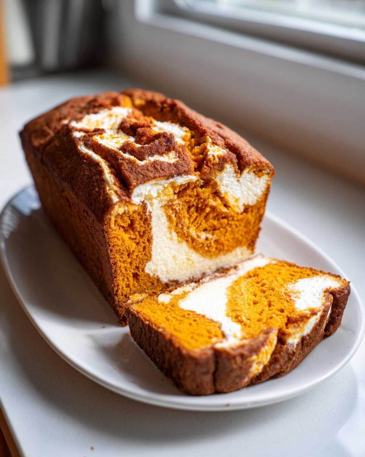 A loaf of vibrant orange pumpkin cream cheese bread with a white cream cheese swirl, partially sliced on a white plate.