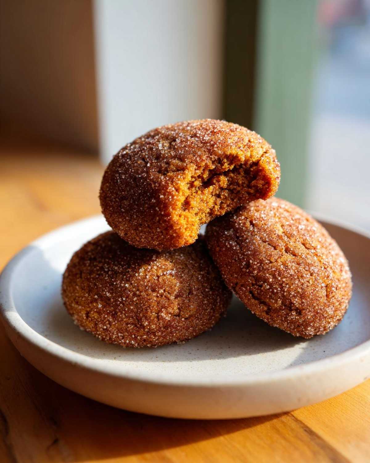 Three soft pumpkin snickerdoodle cookies coated in cinnamon sugar, stacked on a light ceramic plate.