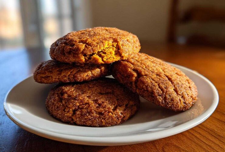 A stack of four soft, cinnamon-sugar coated pumpkin snickerdoodle cookies resting on a white plate.