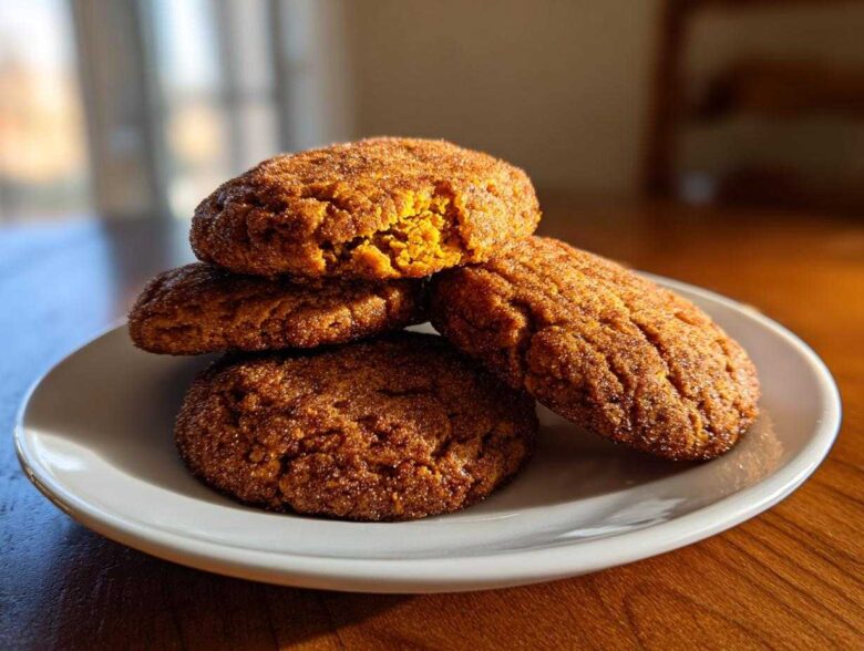 A stack of four soft, cinnamon-sugar coated pumpkin snickerdoodle cookies resting on a white plate.