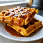 Close-up of two golden pumpkin waffles stacked and drizzled generously with warm syrup.