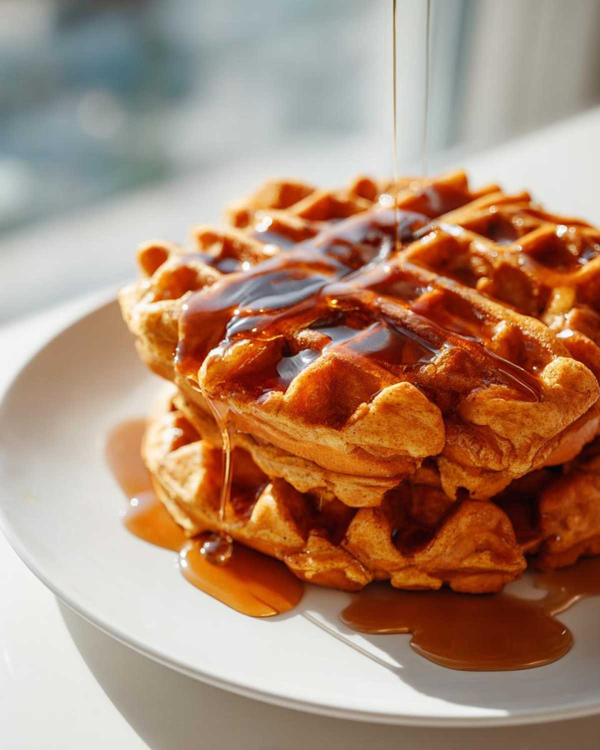 Close-up of a stack of golden pumpkin waffles being drizzled with warm maple syrup.