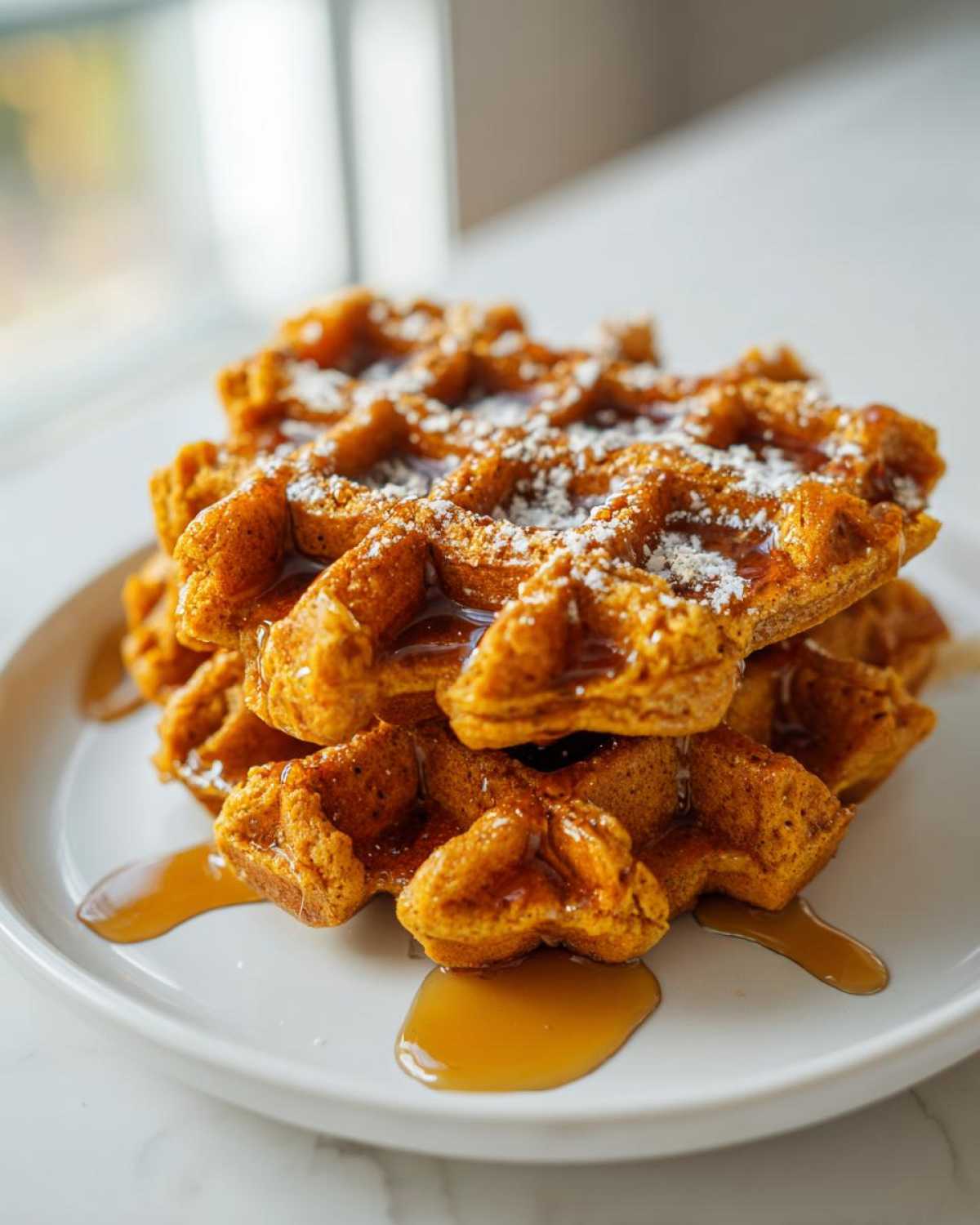 A stack of fluffy pumpkin waffles drizzled with syrup and dusted with powdered sugar.