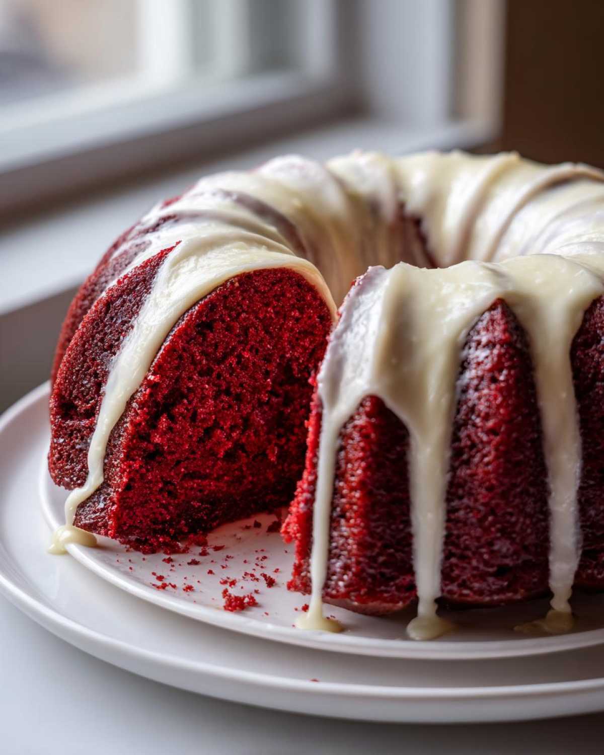 Close-up of a vibrant red velvet bundt cake with a thick, white glaze dripping down the sides.