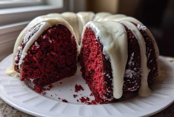 A slice cut from a vibrant red velvet bundt cake topped with thick white cream cheese glaze.