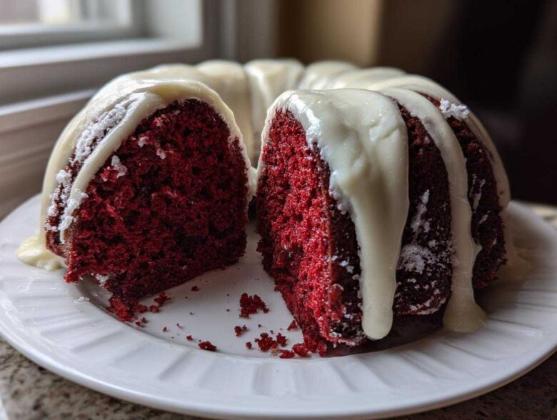 A slice cut from a vibrant red velvet bundt cake topped with thick white cream cheese glaze.