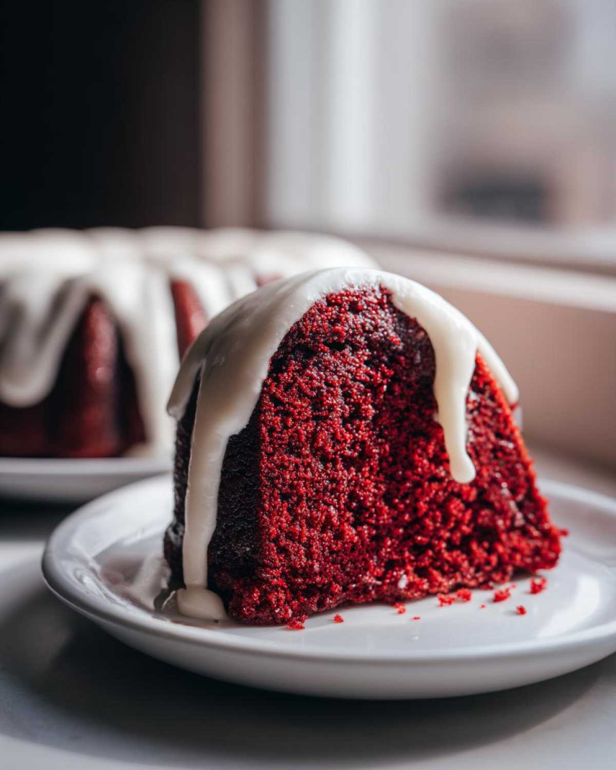 A close-up of a moist slice of red velvet bundt cake topped with dripping white glaze on a white plate.