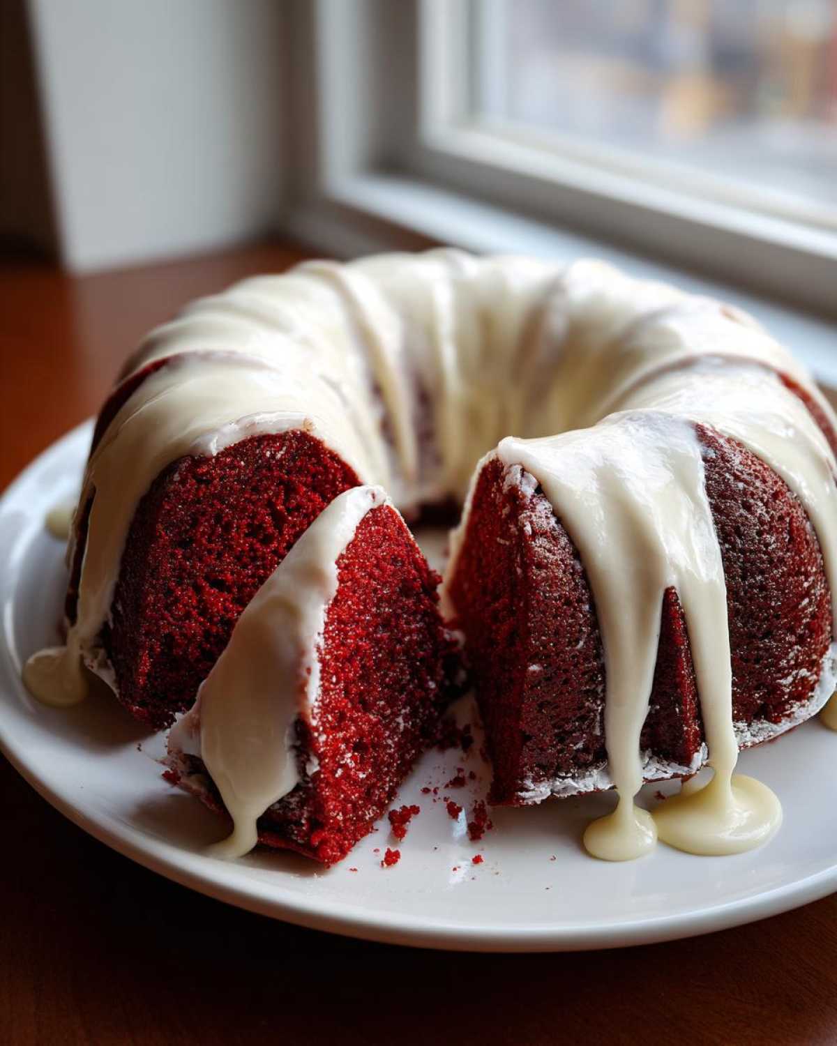 A slice cut from a vibrant red velvet bundt cake topped with thick, dripping white glaze.