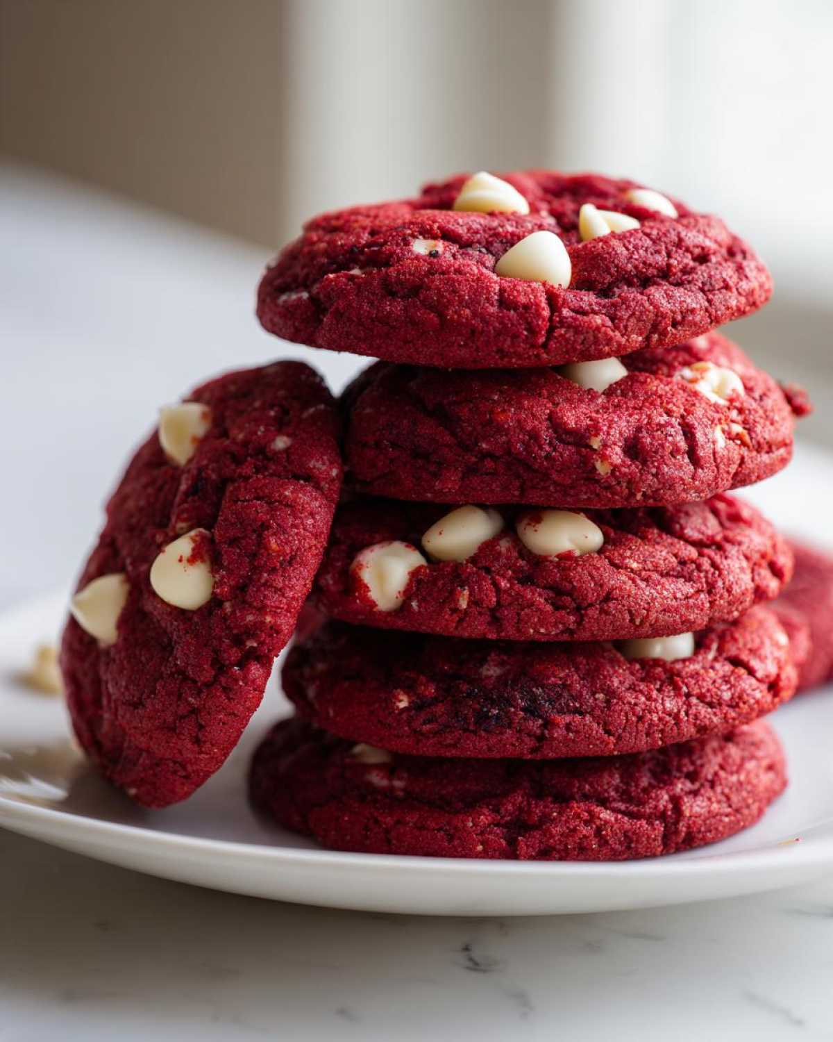 A stack of five vibrant red velvet cake mix cookies studded with white chocolate chips, resting on a white plate.
