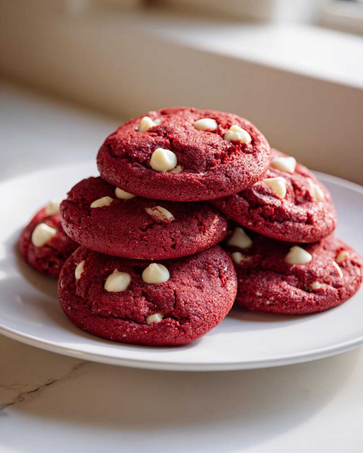 A stack of vibrant red velvet cake mix cookies studded with white chocolate chips, resting on a white plate.