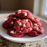 A tempting stack of vibrant red velvet cake mix cookies studded with white chocolate chips, resting on a white plate.