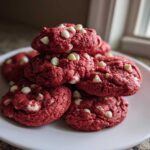 A stack of vibrant red velvet cake mix cookies studded with white chocolate chips, resting on a white plate.