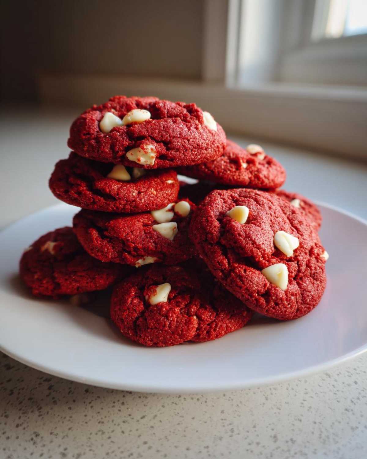 A stack of vibrant red velvet cake mix cookies studded with white chocolate chips on a white plate.