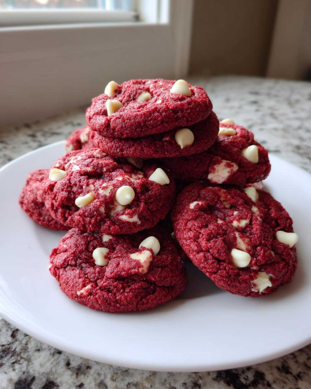 A stack of vibrant red velvet cake mix cookies studded with white chocolate chips, resting on a white plate.