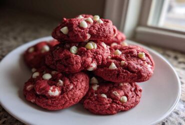 A stack of vibrant red velvet cake mix cookies studded with white chocolate chips, resting on a white plate.
