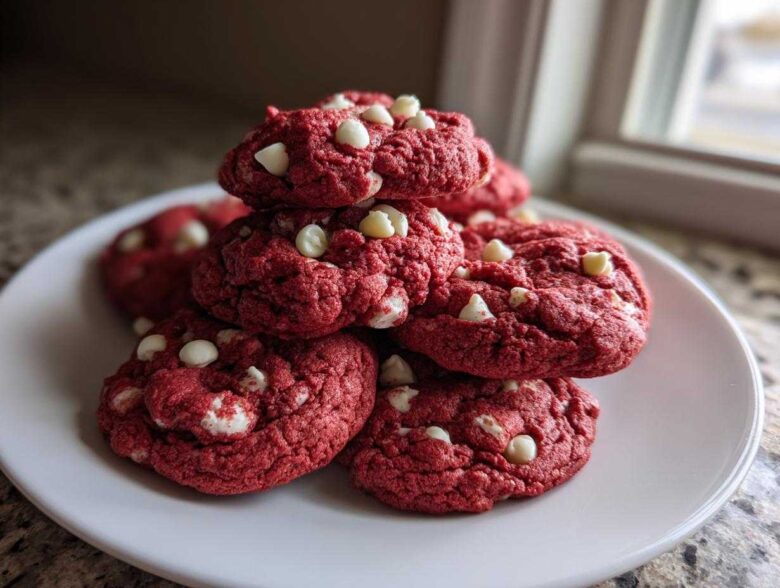 A stack of vibrant red velvet cake mix cookies studded with white chocolate chips, resting on a white plate.