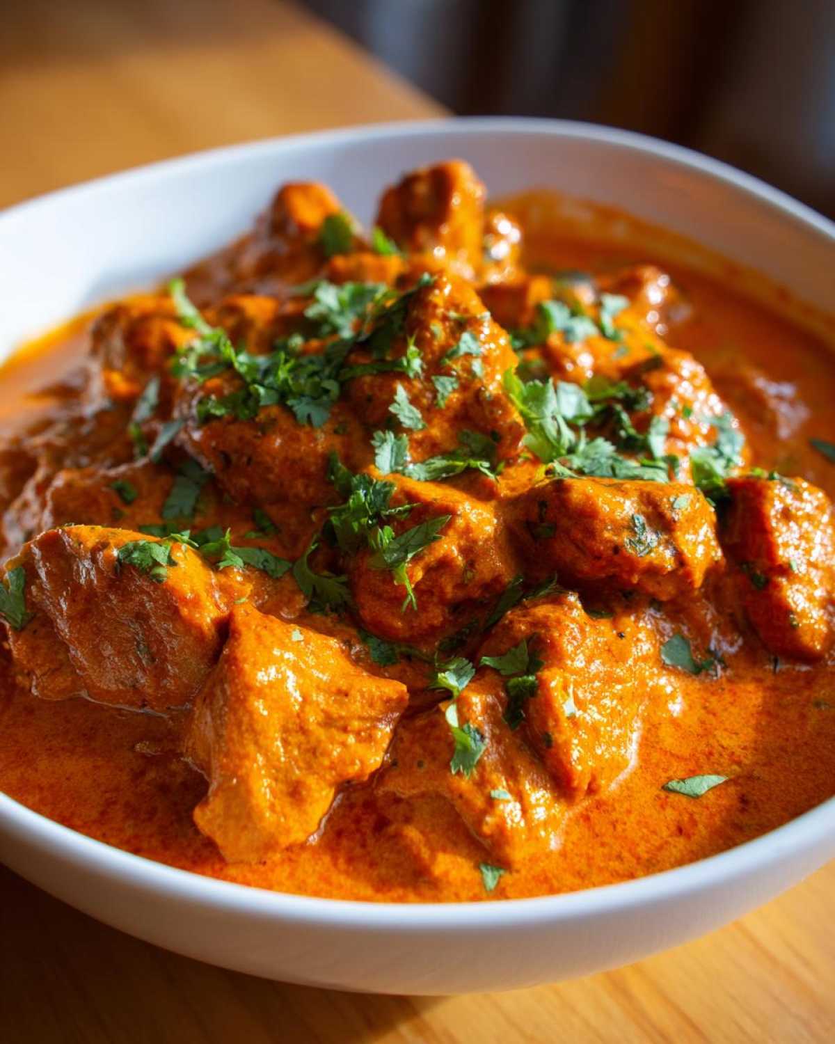 Close-up of rich, orange-red butter chicken pieces garnished with fresh cilantro in a white bowl.