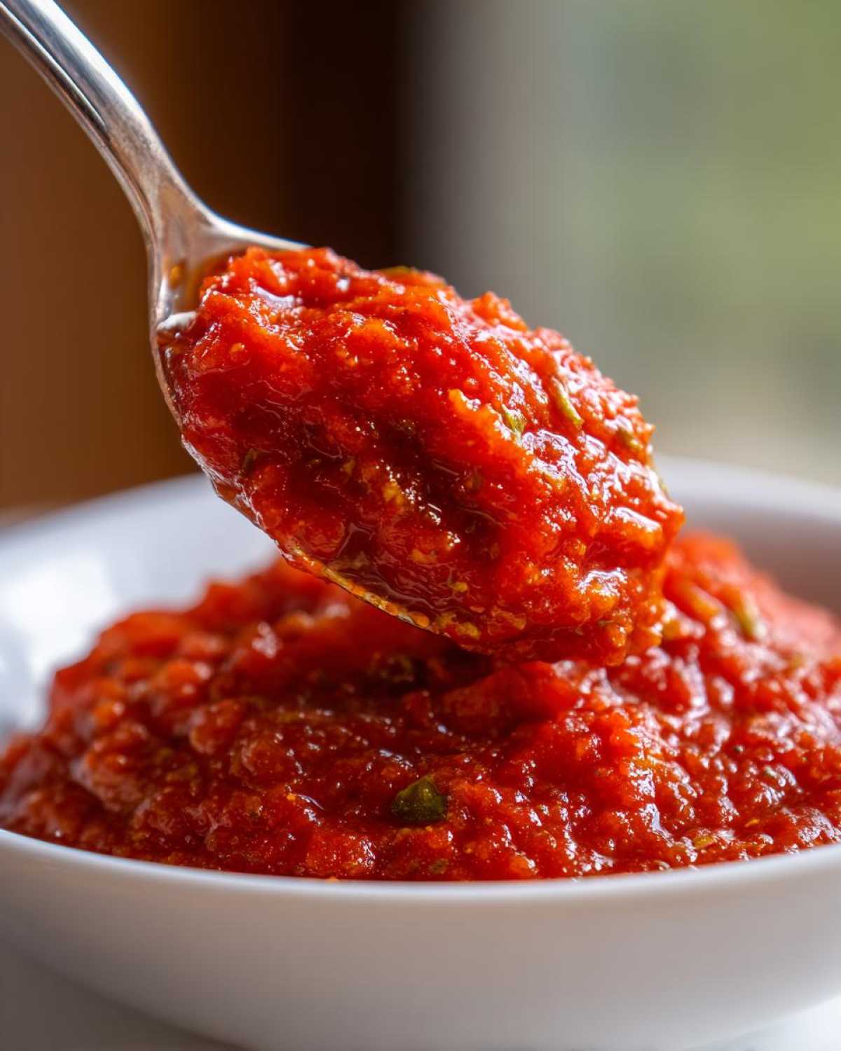 A spoonful of thick, vibrant red pizza sauce being lifted from a white bowl.