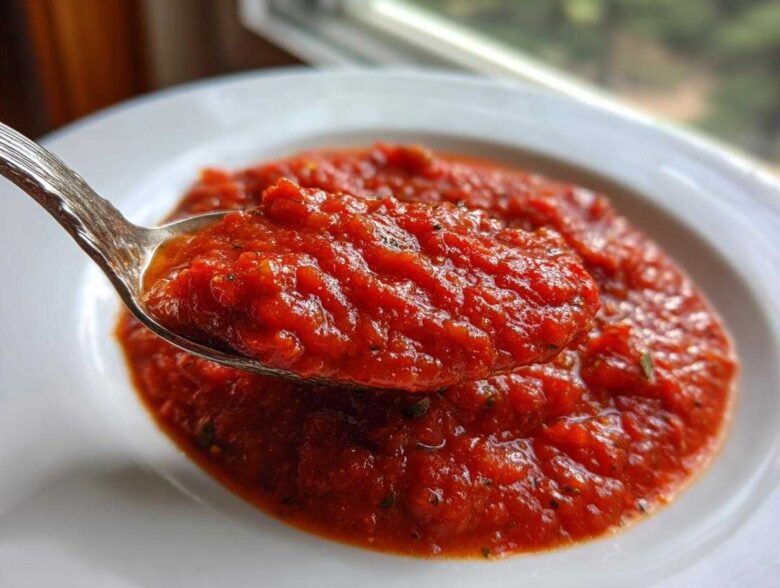 Close-up of a spoonful of thick, vibrant red pizza sauce, showing herbs, over a white bowl.