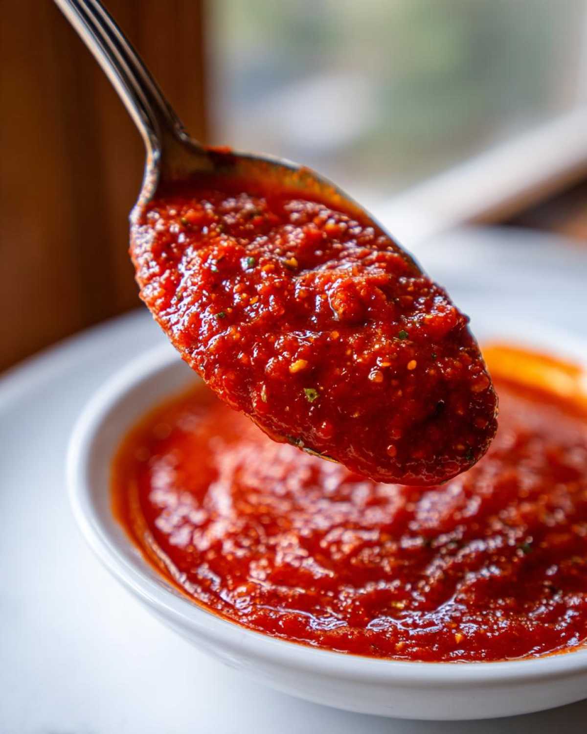 Close-up of a spoonful of thick, vibrant red pizza sauce being lifted from a small white bowl.