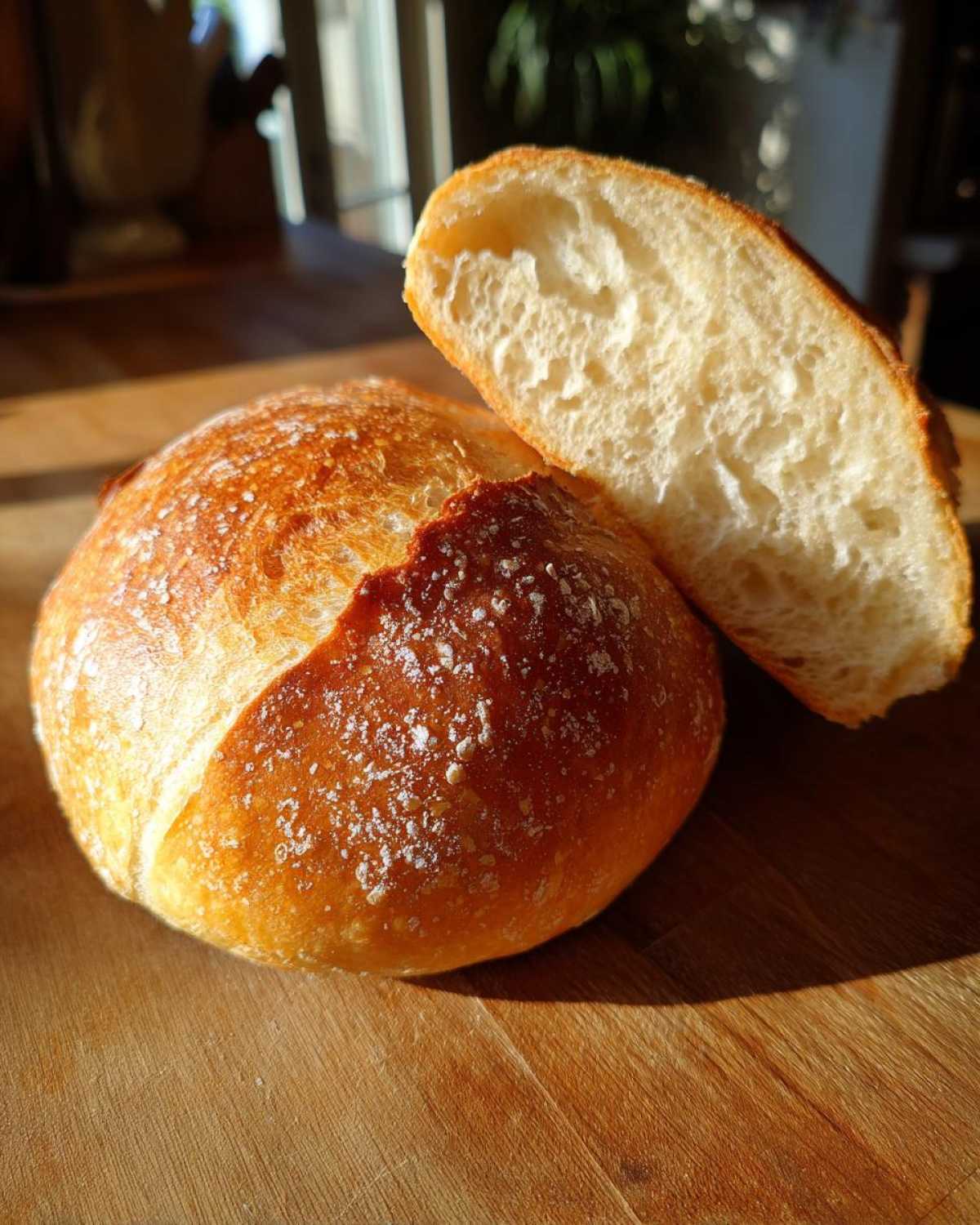A golden brown, round loaf of bread, cut in half to show the soft interior, perfect for bread bowls.