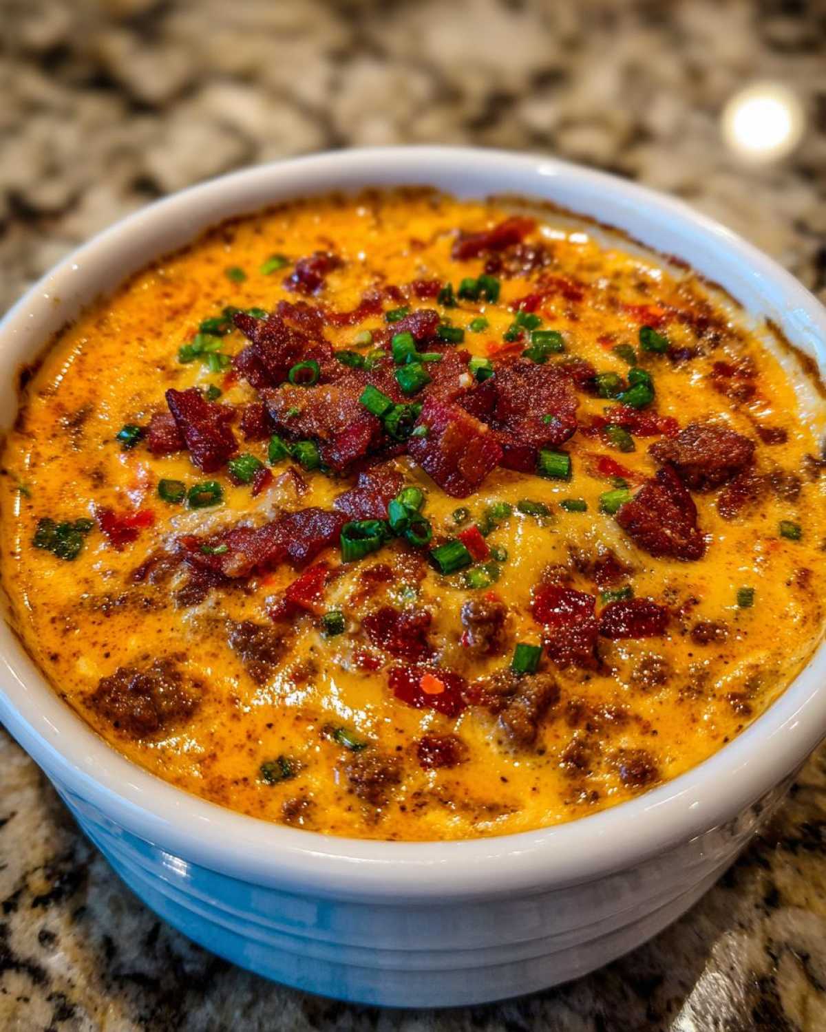 Close-up of a baked sausage cream cheese dip, bubbling hot and topped with crispy bacon pieces and chopped chives.