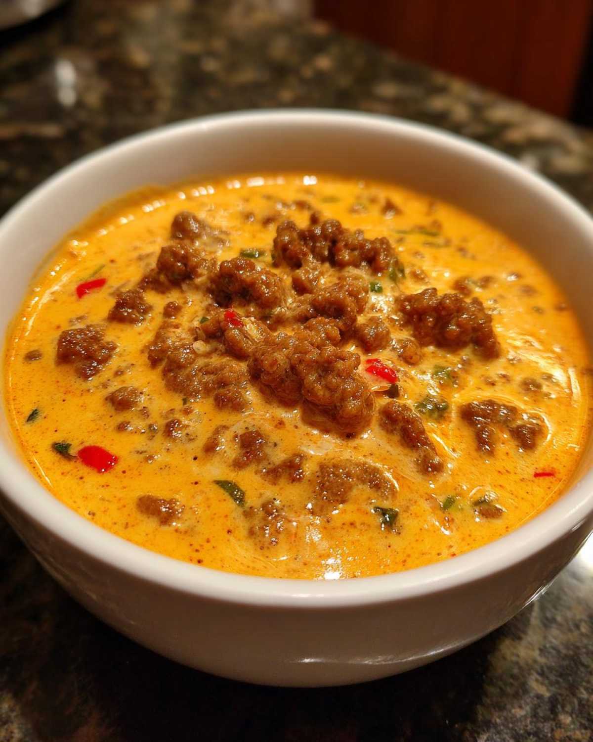 Close-up of hot, cheesy sausage cream cheese dip topped with browned sausage crumbles and red pepper flakes.