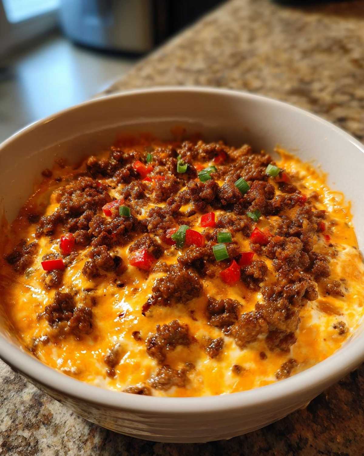 A close-up of hot sausage cream cheese dip topped with melted orange cheese, red peppers, and green onions.