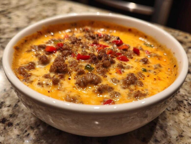 Close-up of hot sausage cream cheese dip, bubbling with melted cheese and topped with diced red peppers.