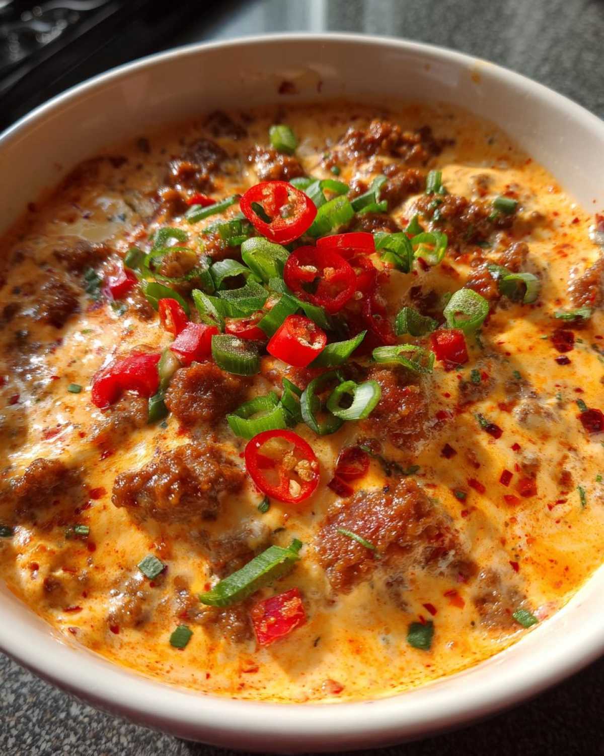 Close-up of hot sausage cream cheese dip topped with sliced red chilies and green onions.