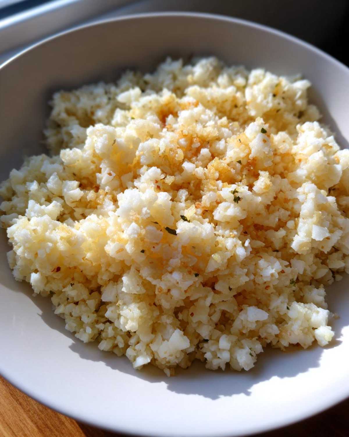 Close-up of fluffy, seasoned cauliflower rice served in a light-colored bowl, ready to eat.