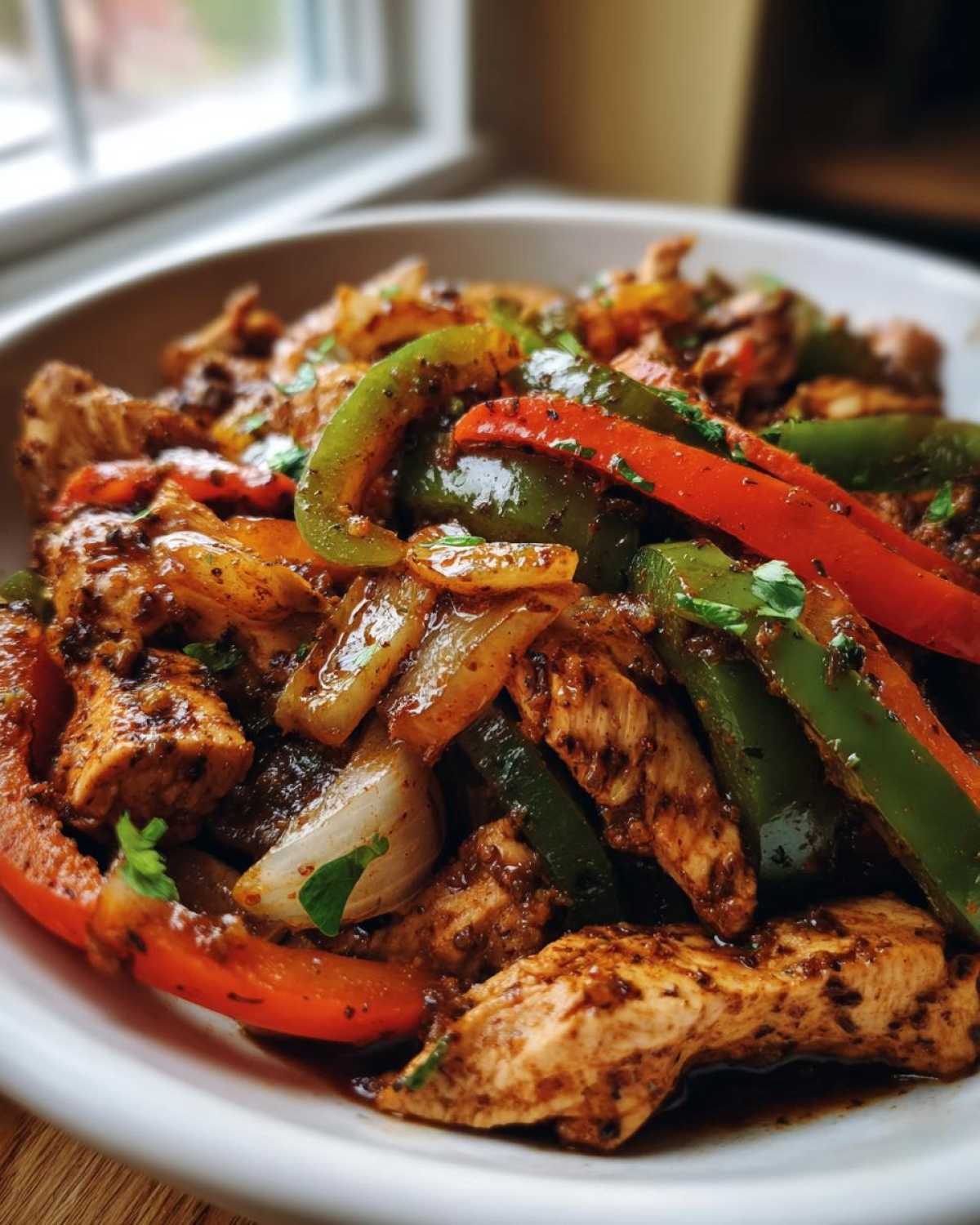 Close-up of seasoned chicken strips mixed with sliced red and green bell peppers and onions for crockpot chicken fajitas.