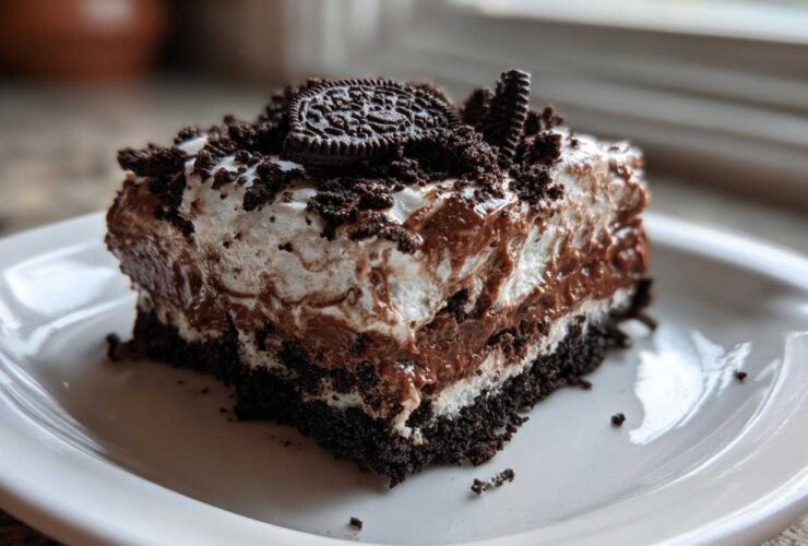 A layered slice of rich chocolate dirt cake with cream, pudding, and Oreo crumbs on a white plate.