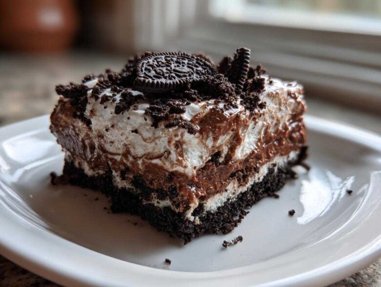 A layered slice of rich chocolate dirt cake with cream, pudding, and Oreo crumbs on a white plate.