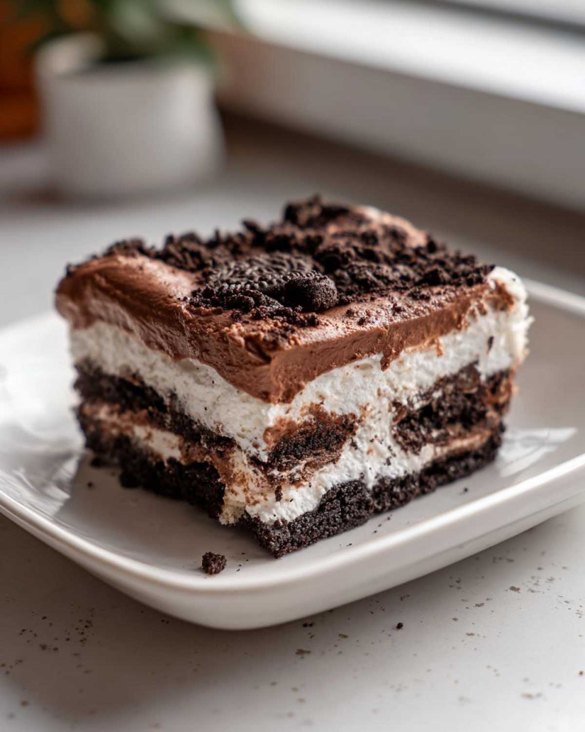 A square serving of layered dirt cake featuring chocolate pudding, whipped cream, and crushed Oreo cookies.
