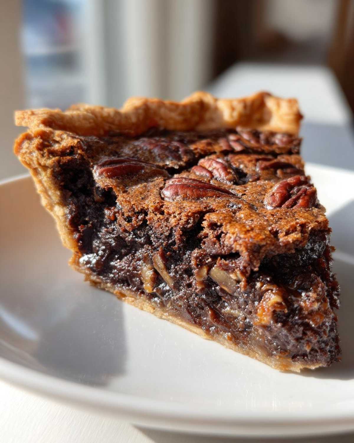 A close-up view of a rich slice of chocolate pecan pie resting on a white plate, showing the gooey filling and pecans.