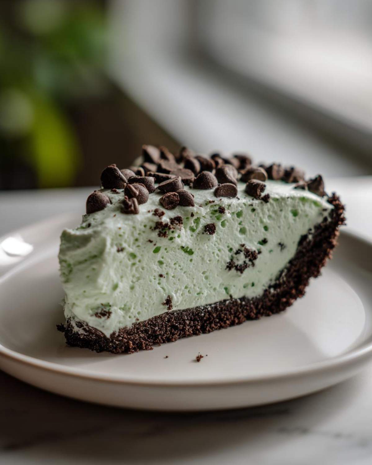 A close-up of a creamy, mint-green slice of grasshopper pie with a dark chocolate crust, topped with chocolate chips.