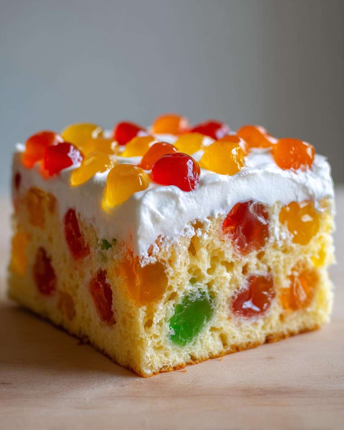 Close-up of a slice of jello poke cake showing colorful jello suspended in the sponge cake, topped with white frosting.