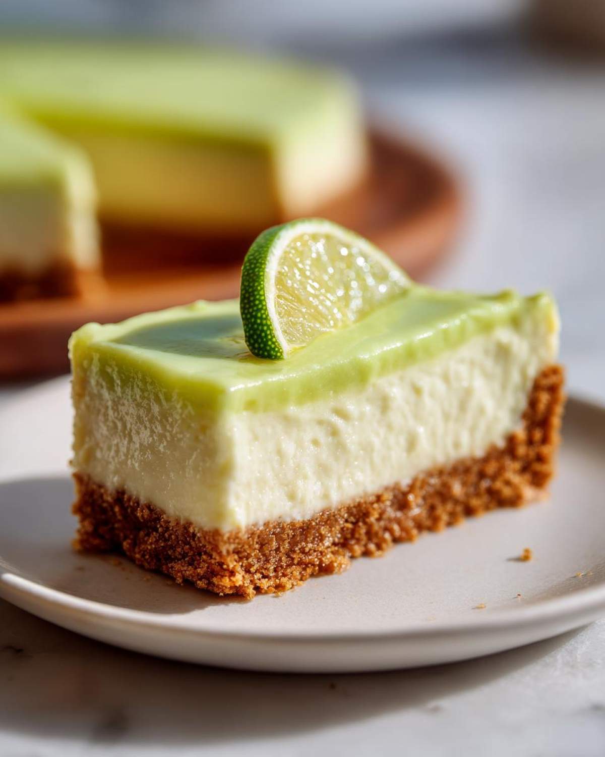 Close-up of a perfect slice of key lime cheesecake on a plate, topped with lime glaze and a lime wheel.